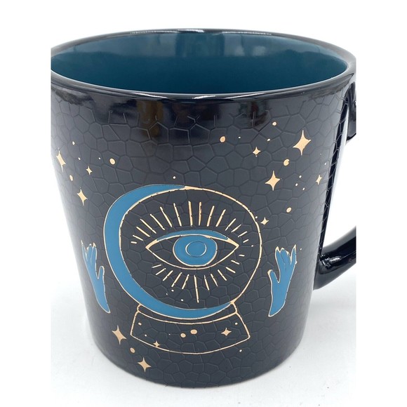 Cobwebs & Cauldrons Huge 20 oz. Mug Crystal Ball Eye Hands Stars Black Blue Gold - Picture 2 of 9